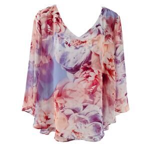 Jennifer Lopez Pink Purple Floral Chiffon Layers Long Bell Sleeve Dressy Top M